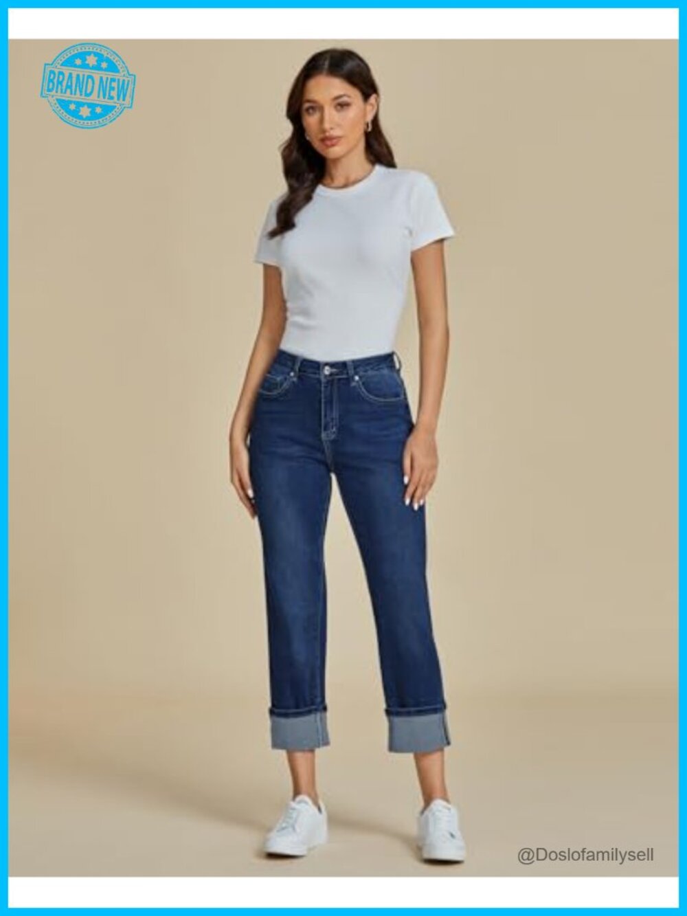 Straight Leg Cropped Jeans with Pockets High Waisted Cuffed Hem Stretchy - Picture 4 of 7